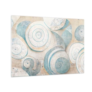 Cuadro sobre vidrio - Impresiones sobre Vidrio - Conchas en una paleta azul y beige sobre un fondo estructurado. - 70x50cm - ¿Qué esconden en su interior? - Decoración de pared moderna para salón y dormitorio ARTTOR