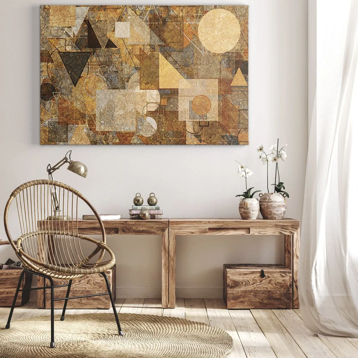 Cuadro sobre lienzo - Impresión de Imagen - Figuras geométricas abstractas en tonos cálidos. - 70x50cm - Estudio cubista en bronce - Decoración de pared moderna para salón y dormitorio ARTTOR