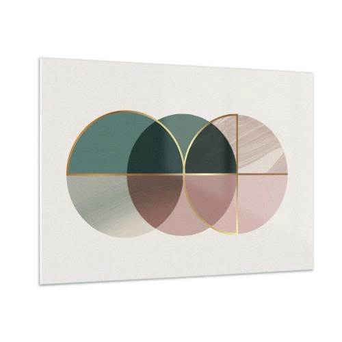 Cuadro sobre vidrio - Impresiones sobre Vidrio - Formas geométricas con tonos verdes y rosas sobre un fondo claro. - 100x70cm - Círculo tras círculo... - Decoración de pared moderna para salón y dormitorio ARTTOR