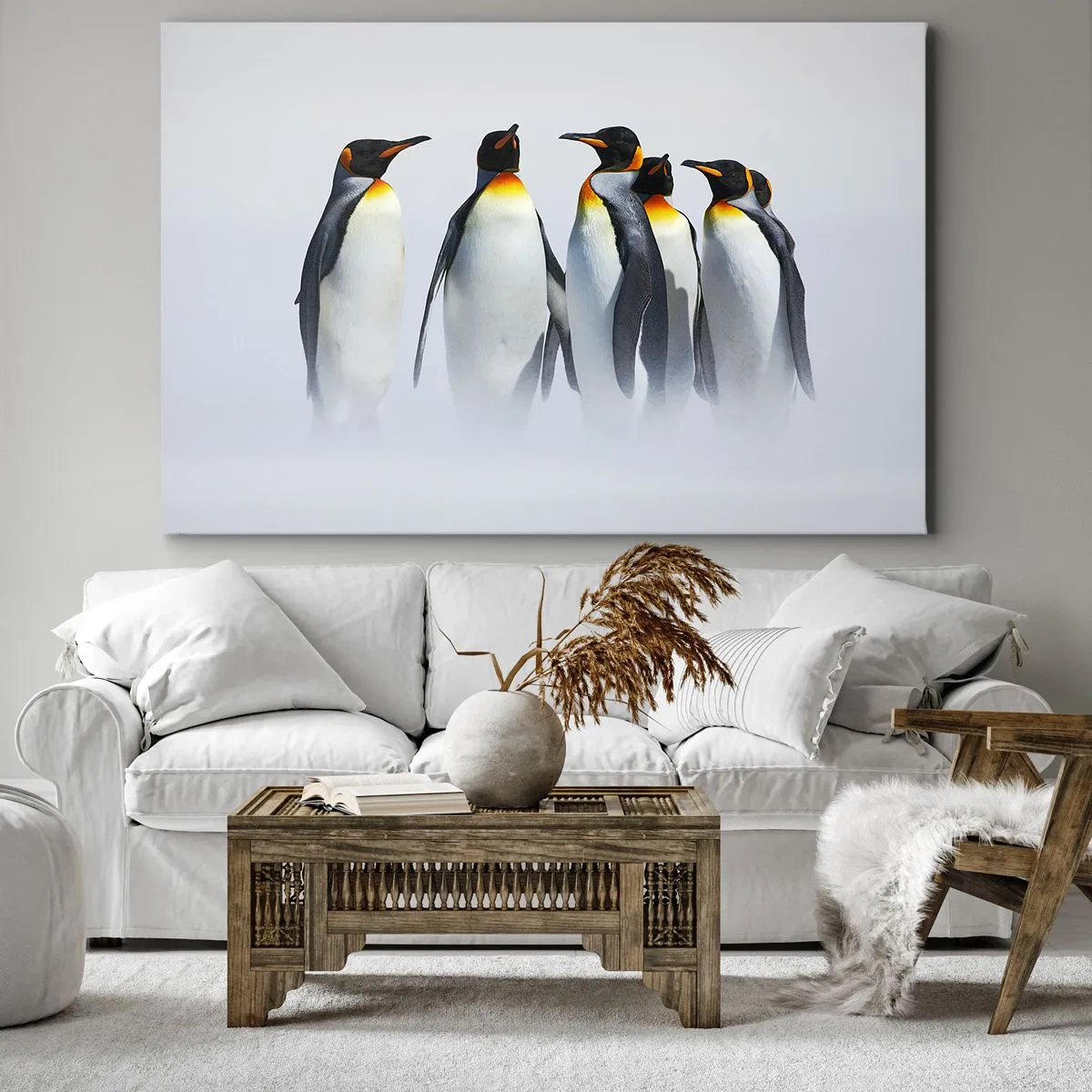 Cuadro sobre lienzo - Impresión de Imagen - Un grupo de pingüinos emperador en la niebla invernal. - 100x70cm - Reunión en traje de noche - Decoración de pared moderna para salón y dormitorio ARTTOR