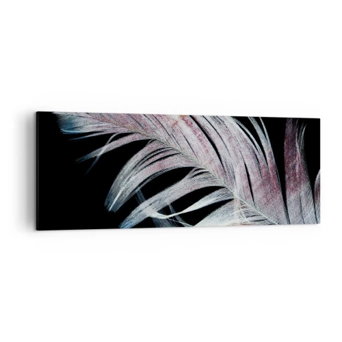 Cuadro sobre lienzo - Impresión de Imagen - Una delicada pluma sobre un fondo negro en un enfoque artístico. - 140x50cm - Piensa en el tacto - Decoración de pared moderna para salón y dormitorio ARTTOR