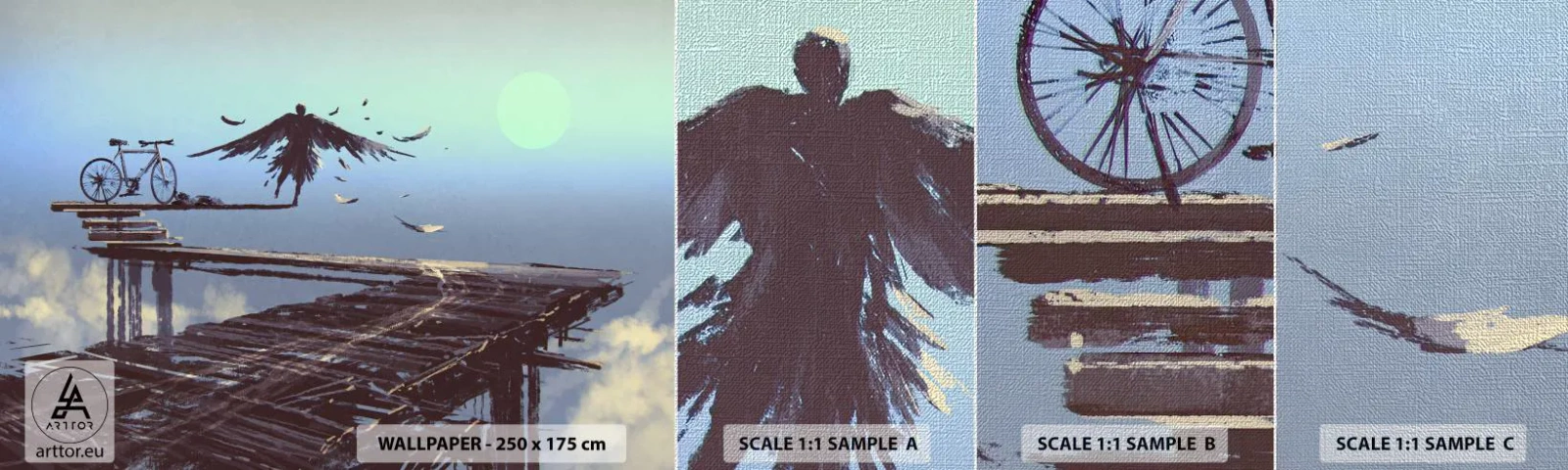 Muestra de fotomural Premium Canvas - Ícaro eternamente vivo - Abstracción, Ícaro, Bicicleta - 100x30 cm