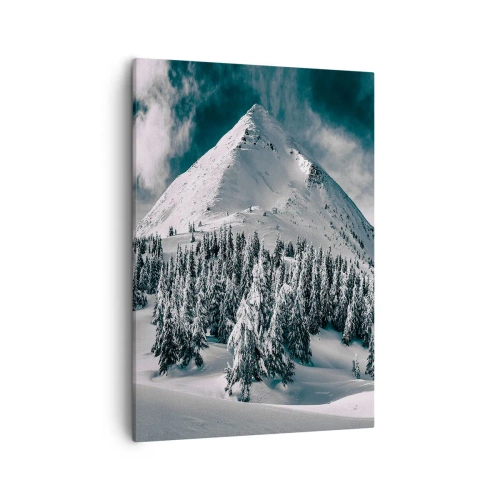 Cuadro sobre lienzo - Impresión de Imagen - Un pico de montaña cubierto de nieve rodeado de un bosque invernal. - 50x70cm - Tierra de nieve y hielo - Decoración de pared moderna para salón y dormitorio ARTTOR