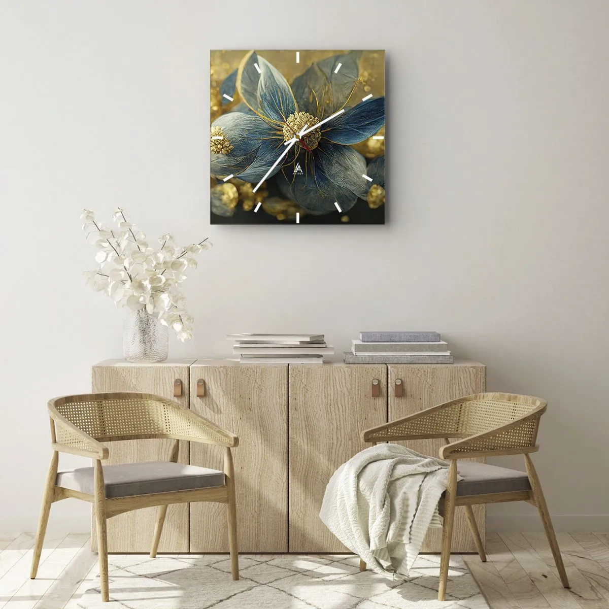 Reloj de pared - Reloj de vidrio - Flor de oro - 30x30 cm