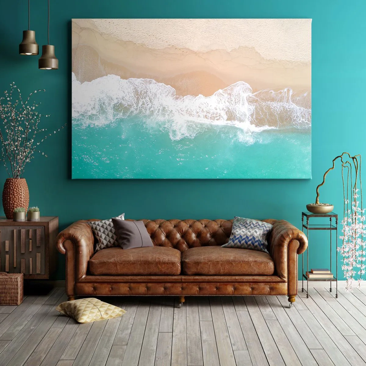 Cuadro sobre lienzo - Impresión de Imagen - Una vista de pájaro de una playa con agua turquesa y olas suaves. - 70x50cm - Un toque acariciador - Decoración de pared moderna para salón y dormitorio ARTTOR