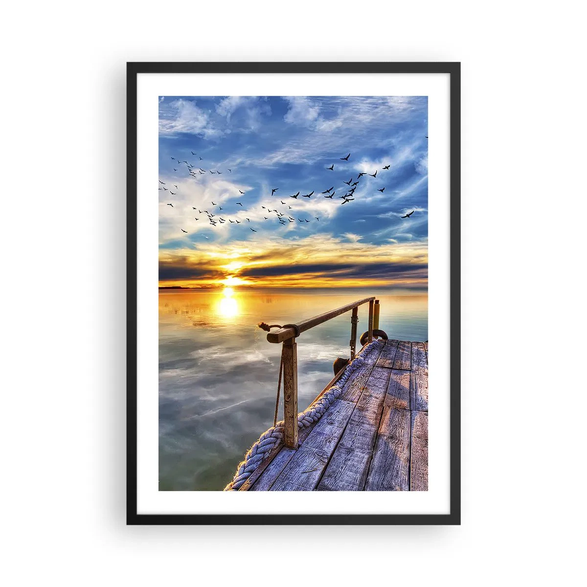 Póster en marco negro - Muelle de madera sobre el lago al atardecer - 50x70cm - El viento se va a descansar - Decoración de pared moderna para salón y dormitorio ARTTOR