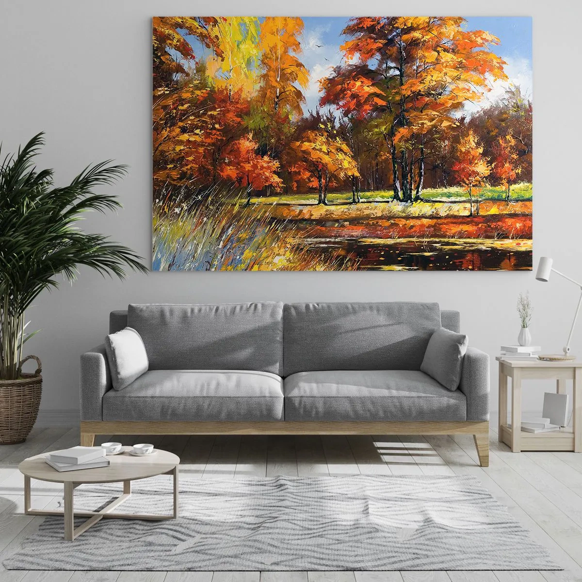 Cuadro sobre vidrio - Impresiones sobre Vidrio - Paisaje otoñal con árboles y reflejo en el agua. - 120x80cm - Paisaje en dorado y marrón - Decoración de pared moderna para salón y dormitorio ARTTOR