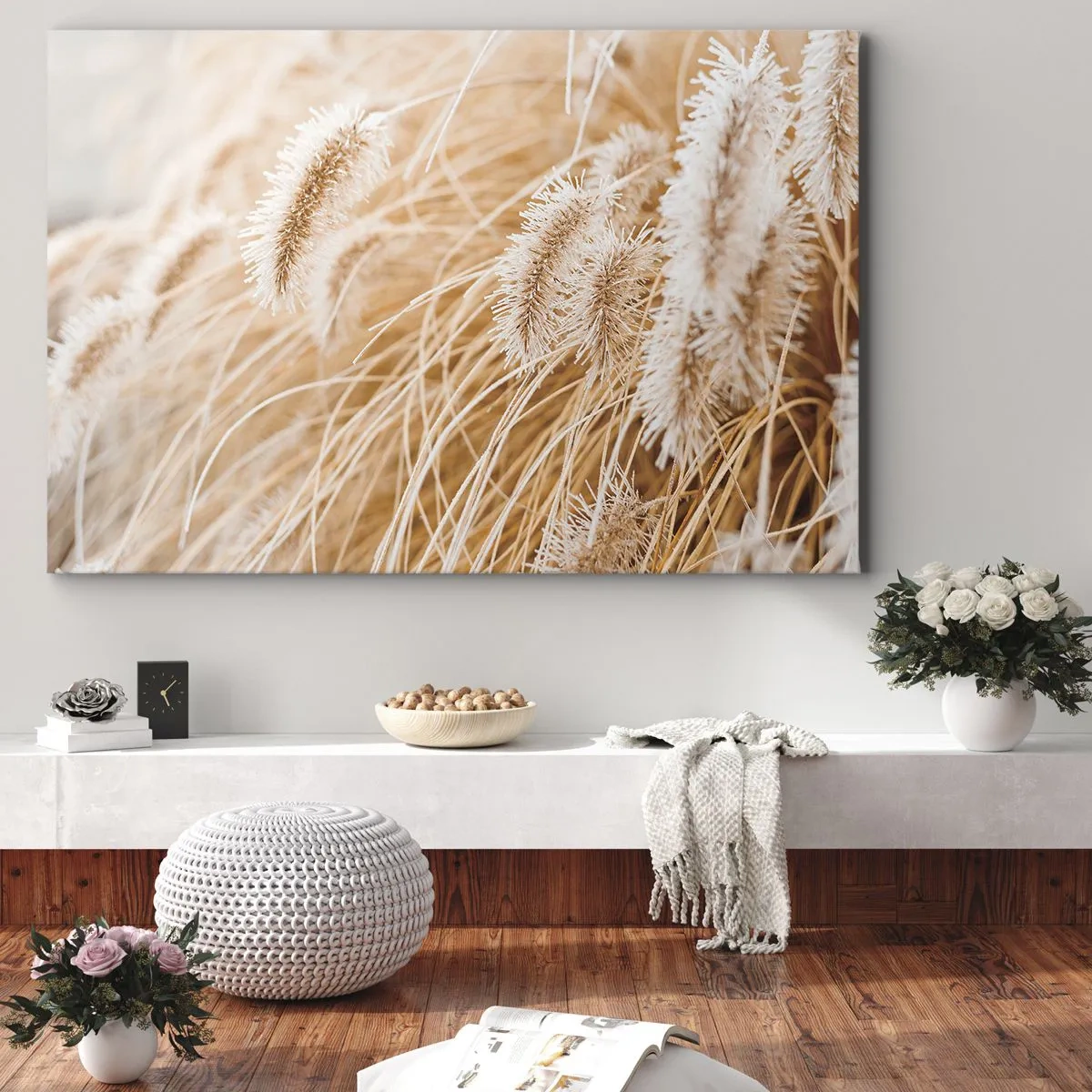 Cuadro sobre lienzo - Impresión de Imagen - Primer plano de hierbas delicadas y doradas a la luz del sol. - 70x50cm - El dorado susurro de las hierbas - Decoración de pared moderna para salón y dormitorio ARTTOR