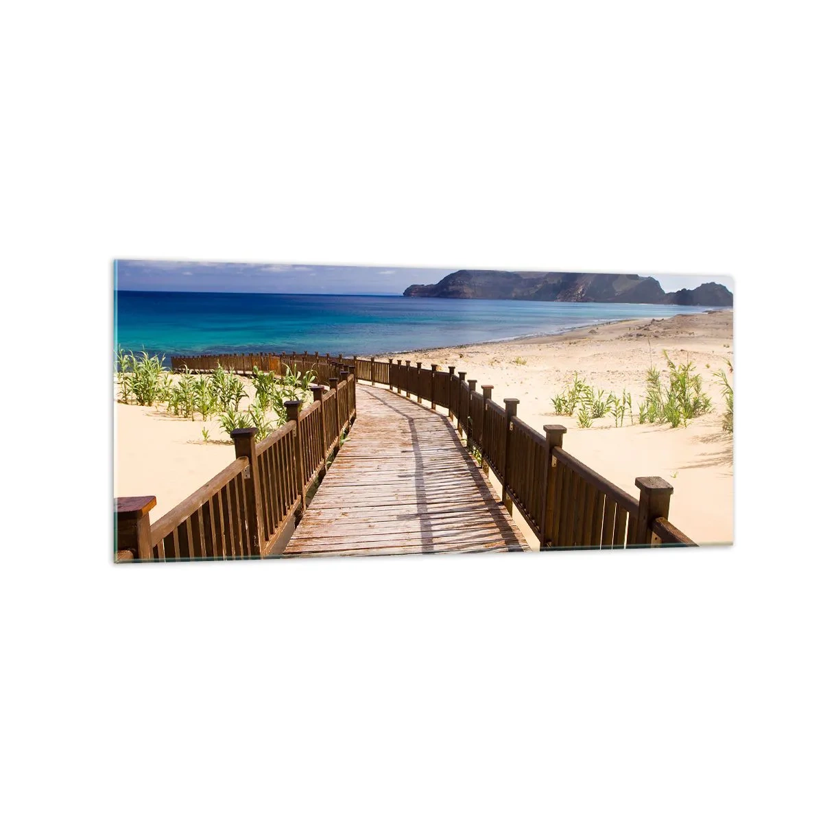 Cuadro sobre vidrio - Impresiones sobre Vidrio - Camino de madera que conduce a la playa con vistas al mar. - 120x50cm - Llévame a la isla de la felicidad - Decoración de pared moderna para salón y dormitorio ARTTOR