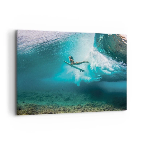 Cuadro sobre lienzo - Impresión de Imagen - Surfista bajo una ola en el agua azul del océano - 120x80cm - Mundo submarino - Decoración de pared moderna para salón y dormitorio ARTTOR