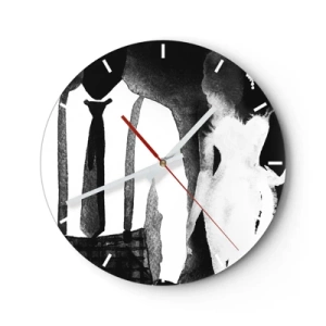 Reloj de pared - Reloj de vidrio - Siluetas de una mujer y un hombre en una atmósfera noir en blanco y negro - 30x30cm - En un ambiente noir - Decoración de pared moderna para salón, cocina y dormitorio ARTTOR