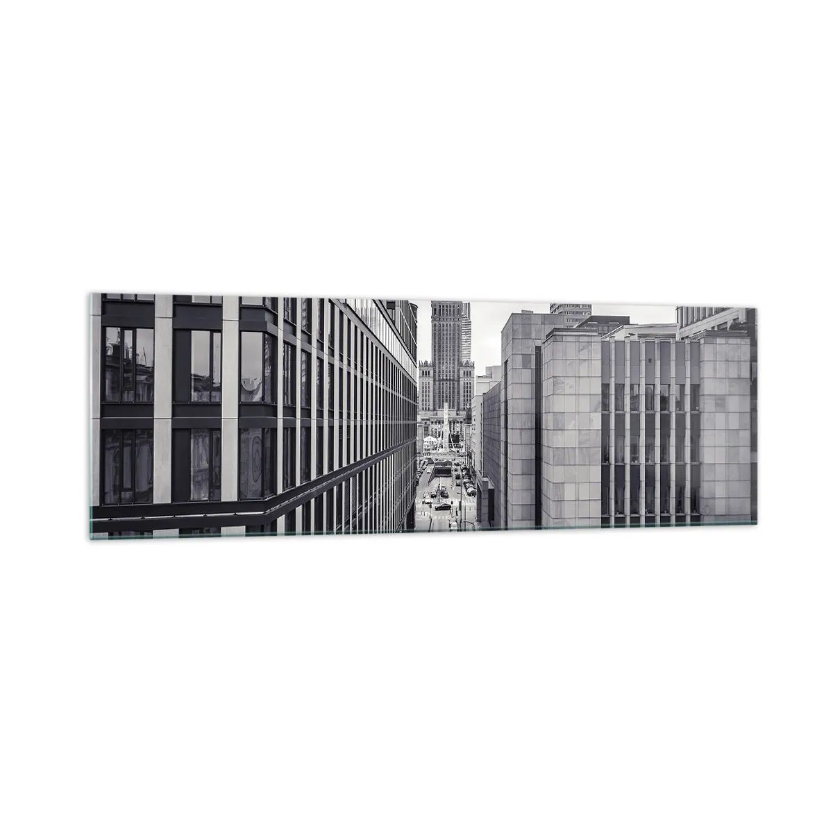 Cuadro sobre vidrio - Impresiones sobre Vidrio - Panorama de Varsovia con vistas al Palacio de la Cultura y los edificios circundantes. - 160x50cm - Valle de Varsovia - Decoración de pared moderna para salón y dormitorio ARTTOR