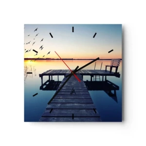 Reloj de pared - Reloj de vidrio - Muelle de madera en un lago al amanecer con pájaros - 30x30cm - Fue un buen día - Decoración de pared moderna para salón y dormitorio ARTTOR