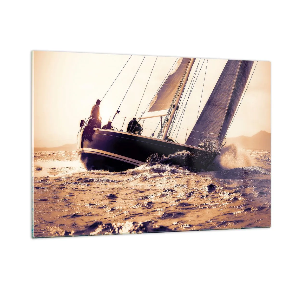 Cuadro sobre vidrio - Impresiones sobre Vidrio - Un velero en un mar tempestuoso en tonos cálidos. - 120x80cm - Navega, marinero - Decoración de pared moderna para salón y dormitorio ARTTOR
