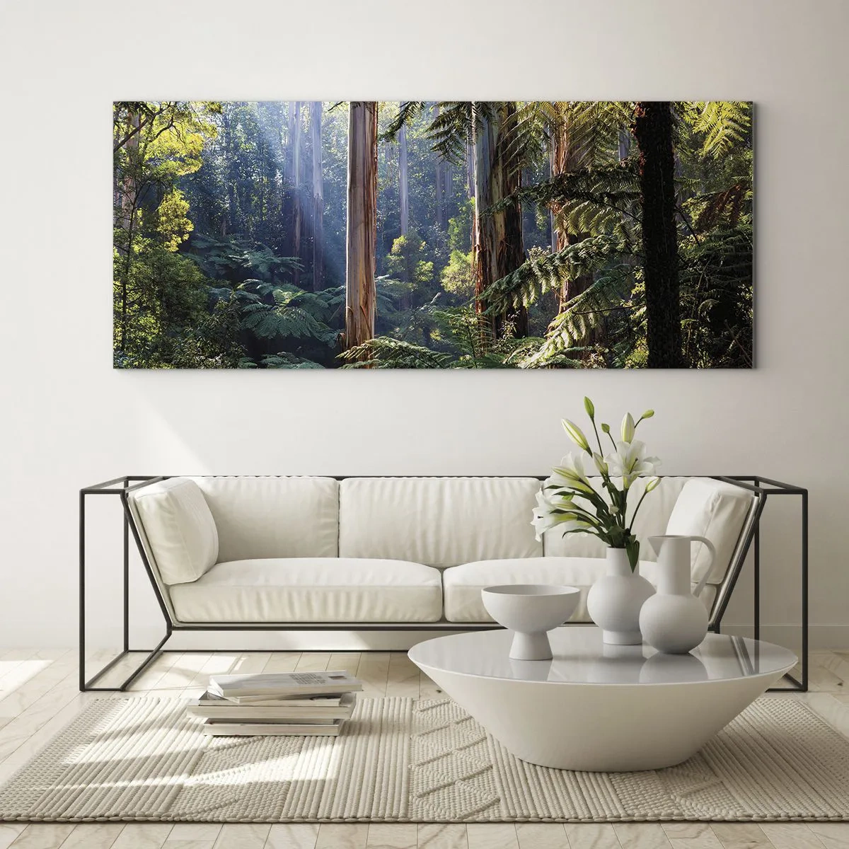 Cuadro sobre vidrio - Impresiones sobre Vidrio - Bosque tropical iluminado por los rayos del sol - 120x50cm - Un cuento de hadas del bosque - Decoración de pared moderna para salón y dormitorio ARTTOR