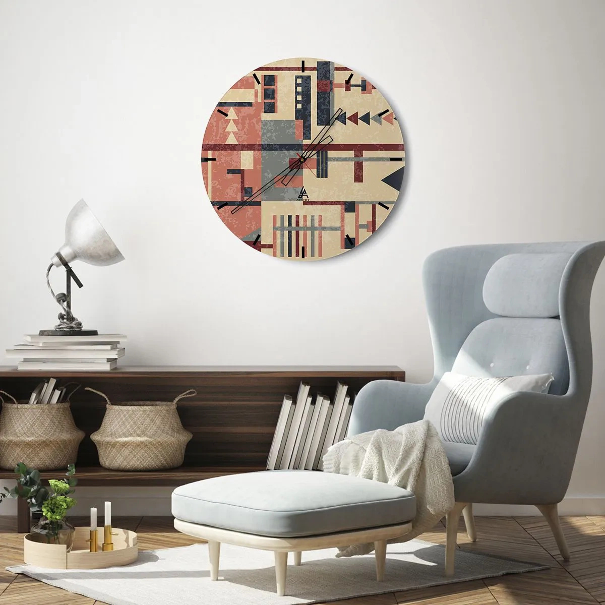 Reloj de pared - Reloj de vidrio - Patrón geométrico abstracto en tonos beige, rojo y gris. - 30x30cm - Una combinación de verticales y niveles - Decoración de pared moderna para salón, cocina y dormitorio ARTTOR