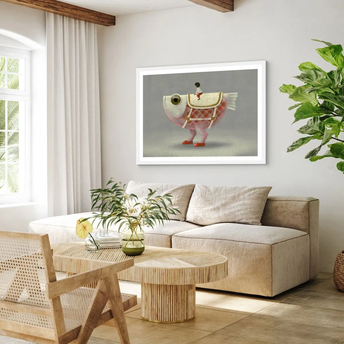 Póster en marco blanco - Jinete del pescado - 91x61 cm