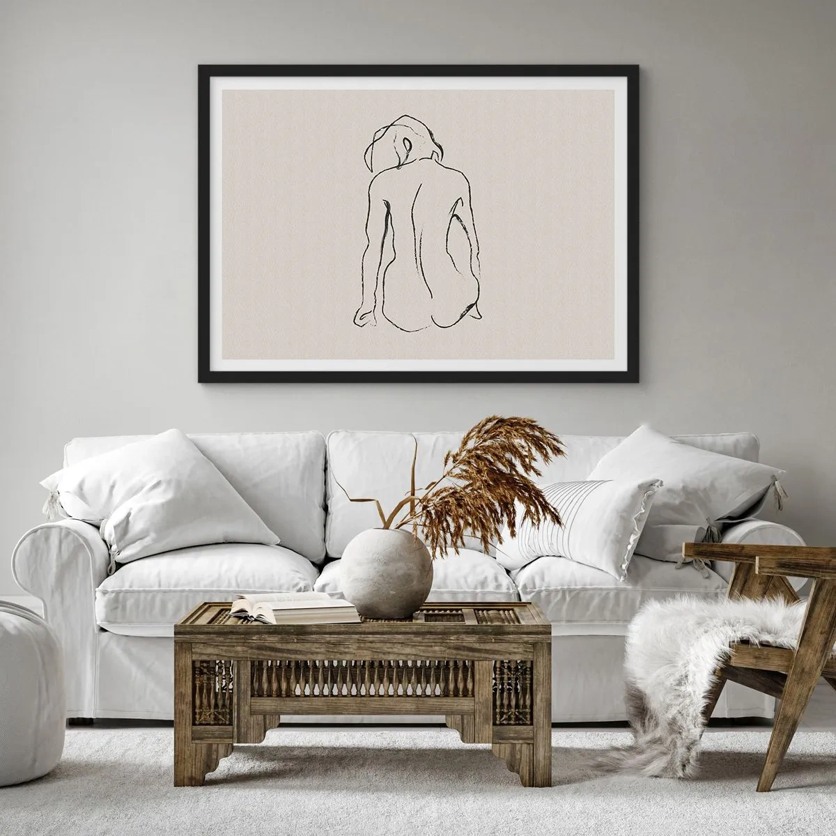 Póster en marco negro - Un boceto sutil de la silueta de una niña desde atrás. - 70x50cm - Esbozos de una espalada - Decoración de pared moderna para salón y dormitorio ARTTOR
