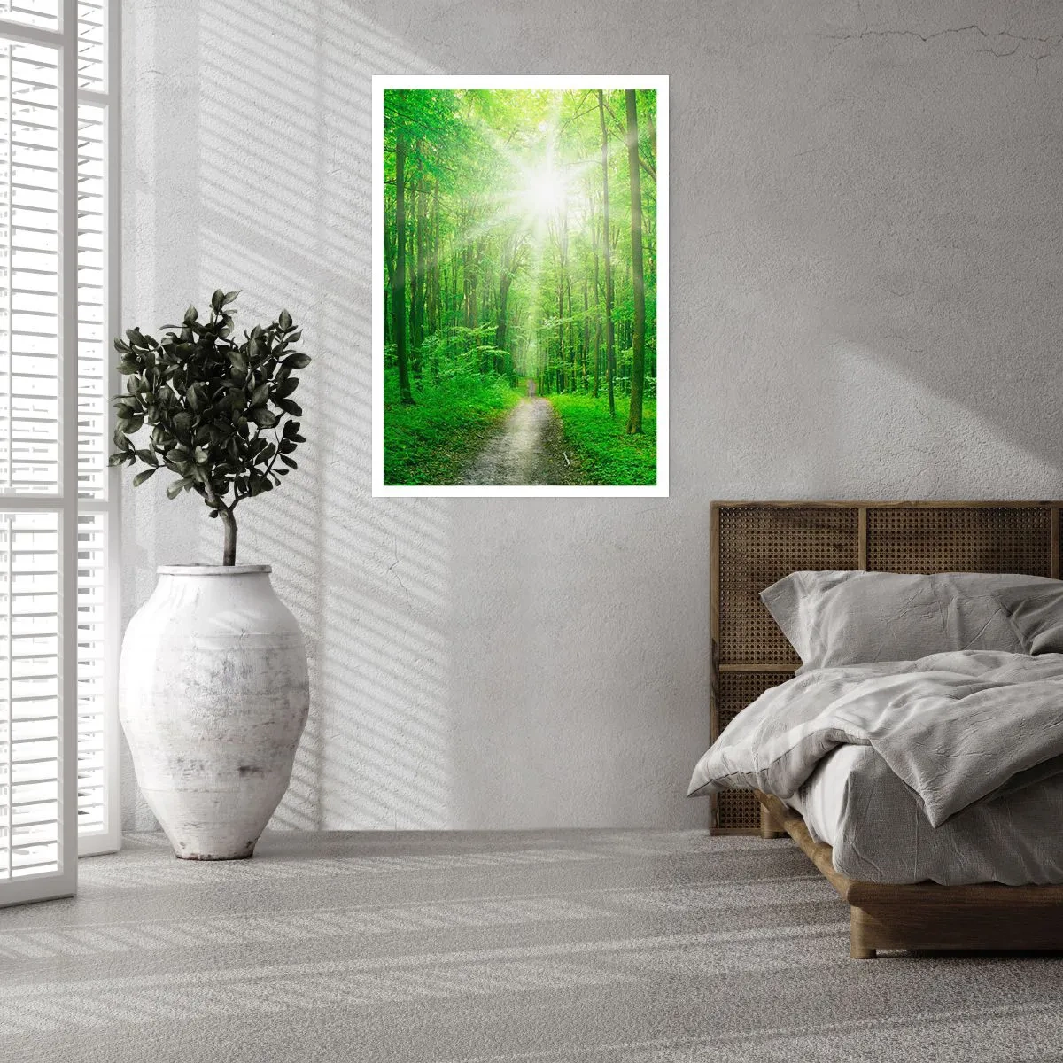 Póster - Un camino forestal iluminado por los rayos del sol. - 50x70cm - Catedral verde - Decoración de pared moderna para salón y dormitorio ARTTOR