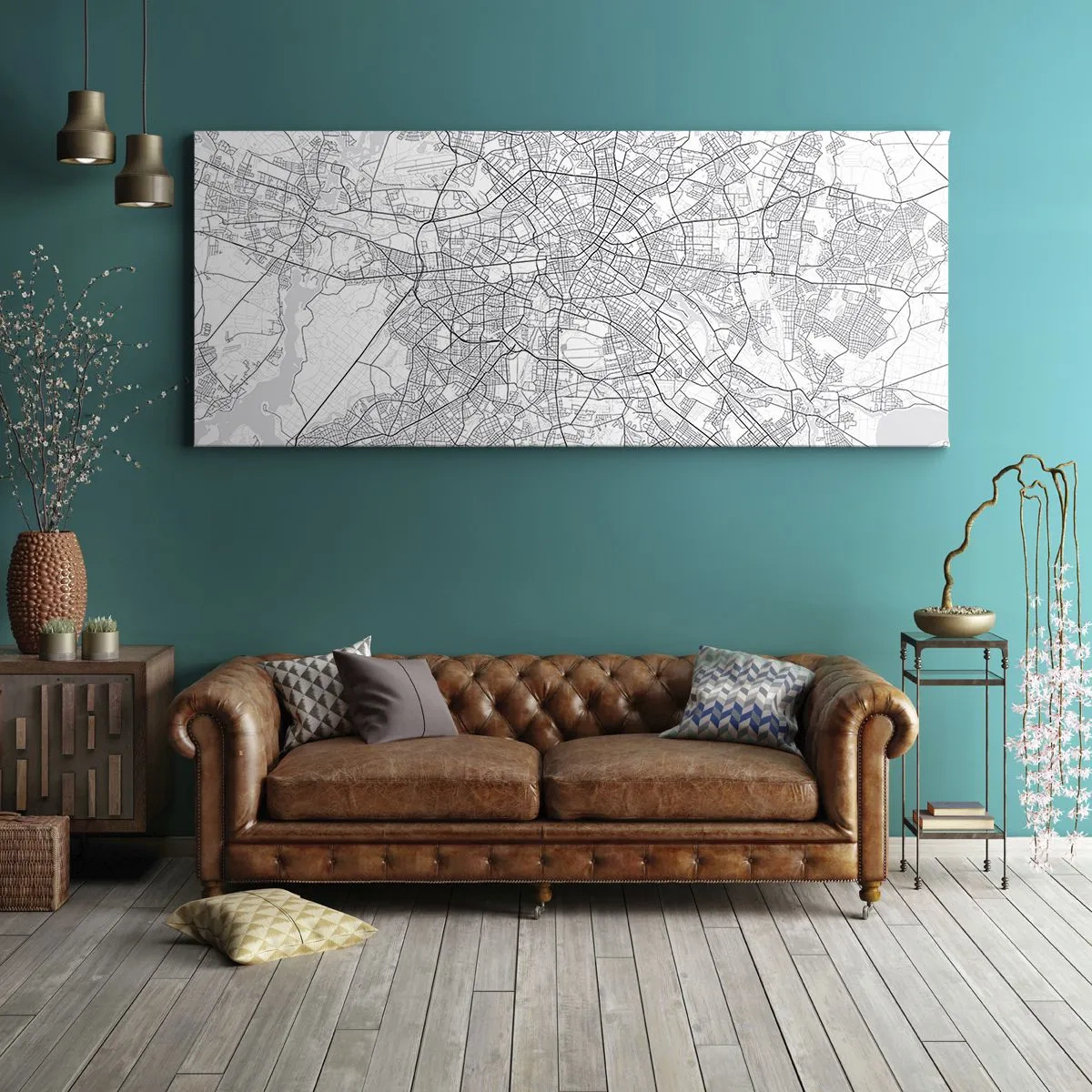 Cuadro sobre lienzo - Impresión de Imagen - Mapa detallado de la ciudad en blanco y negro - 120x50cm - Flor de Berlín - Decoración de pared moderna para salón y dormitorio ARTTOR