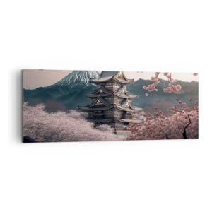 Cuadro sobre lienzo - Impresión de Imagen - Un templo japonés rodeado de flores de cerezo y montañas. - 140x50cm - Tierra de cerezos en flor - Decoración de pared moderna para salón y dormitorio ARTTOR