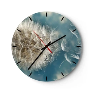 Reloj de pared - Reloj de vidrio - Un diente de león contra un cielo azul con semillas flotantes. - 30x30cm - El aliento de un ángel - Decoración de pared moderna para salón, cocina y dormitorio ARTTOR