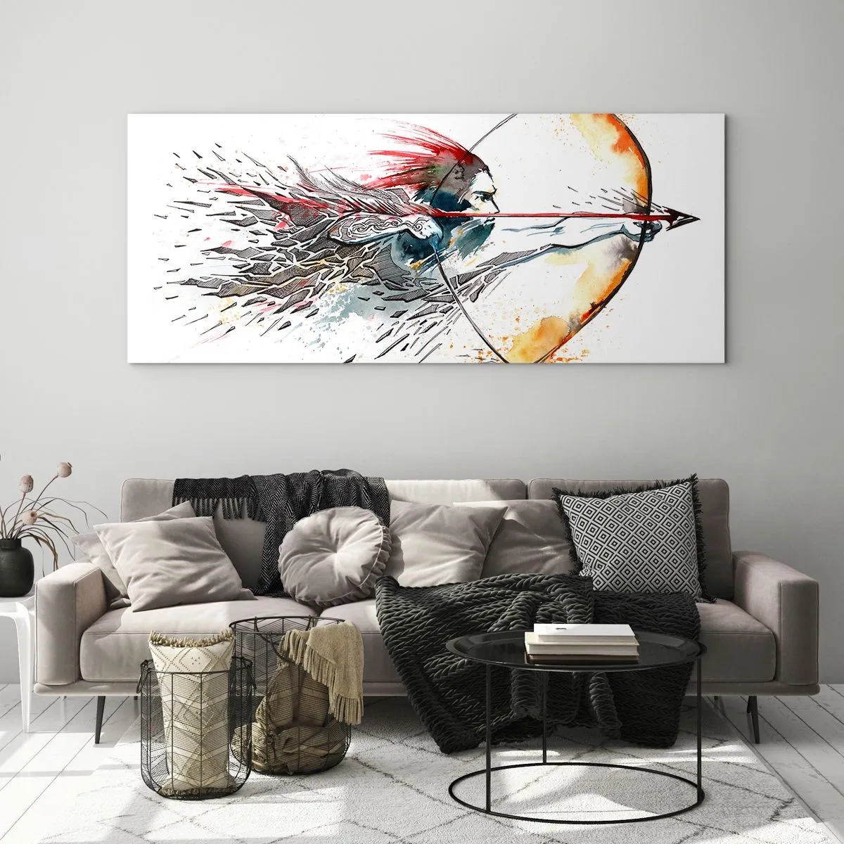 Cuadro sobre vidrio - Impresiones sobre Vidrio - Pintura dinámica de acuarela de un guerrero con arco y flecha. - 160x50cm - Guerrero mítico con arco de fuego - Decoración de pared moderna para salón y dormitorio ARTTOR