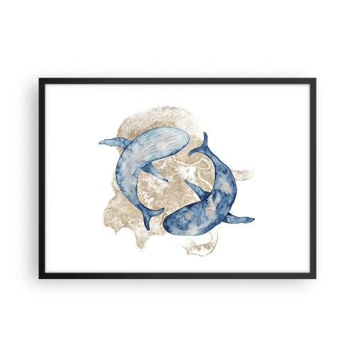 Póster en marco negro - Ballenas azules abstractas sobre un fondo claro - 70x50cm - ¿Amistad o amor? - Decoración de pared moderna para salón y dormitorio ARTTOR