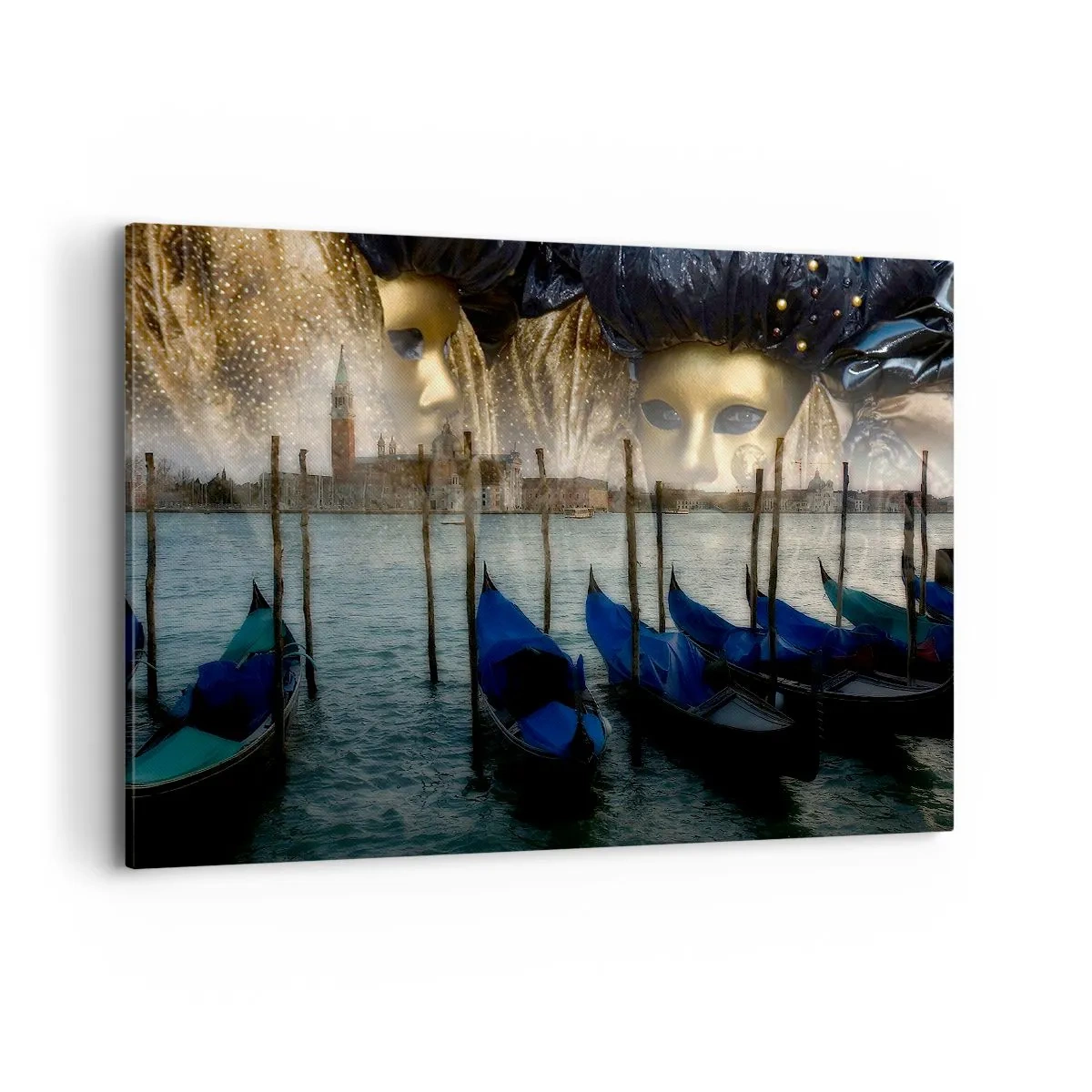 Cuadro sobre lienzo - Impresión de Imagen - Máscaras de carnaval veneciano y góndolas con la ciudad y el agua como telón de fondo. - 100x70cm - El tiempo de carnaval ha comenzado - Decoración de pared moderna para salón y dormitorio ARTTOR