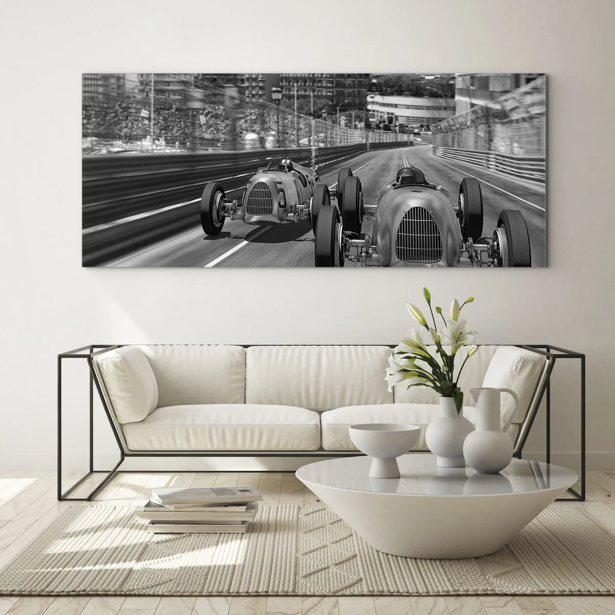 Cuadro sobre vidrio - Impresiones sobre Vidrio - Escena de carrera de coches retro monocromática - 160x50cm - Érase una vez en Montecarlo - Decoración de pared moderna para salón y dormitorio ARTTOR