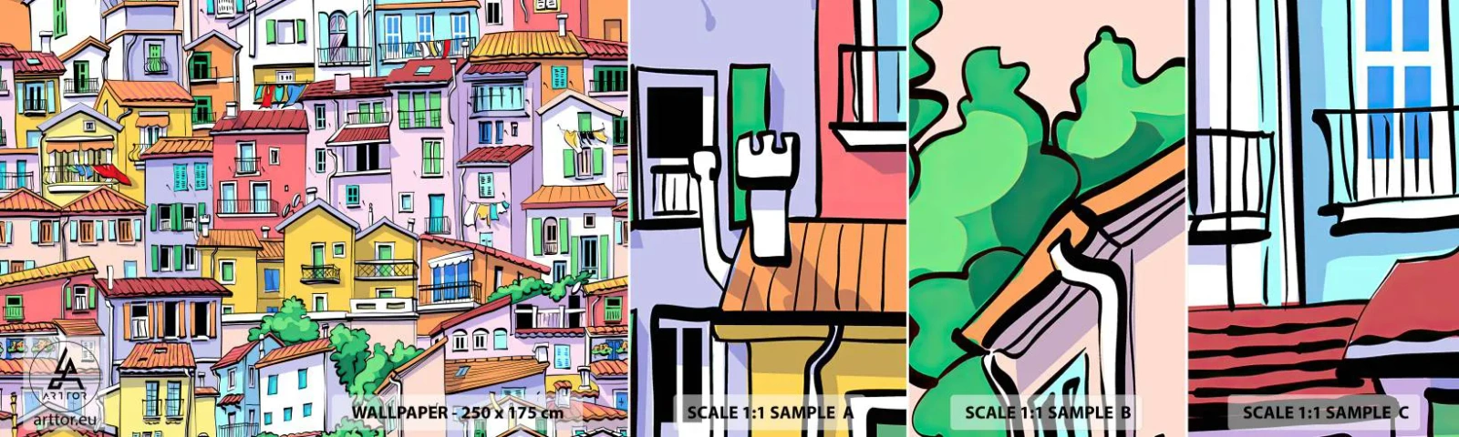 Muestra De Fotomural Standard Eco - Ciudad alegre - Ciudad, Casas de vecindad, Casas - 100x30 cm