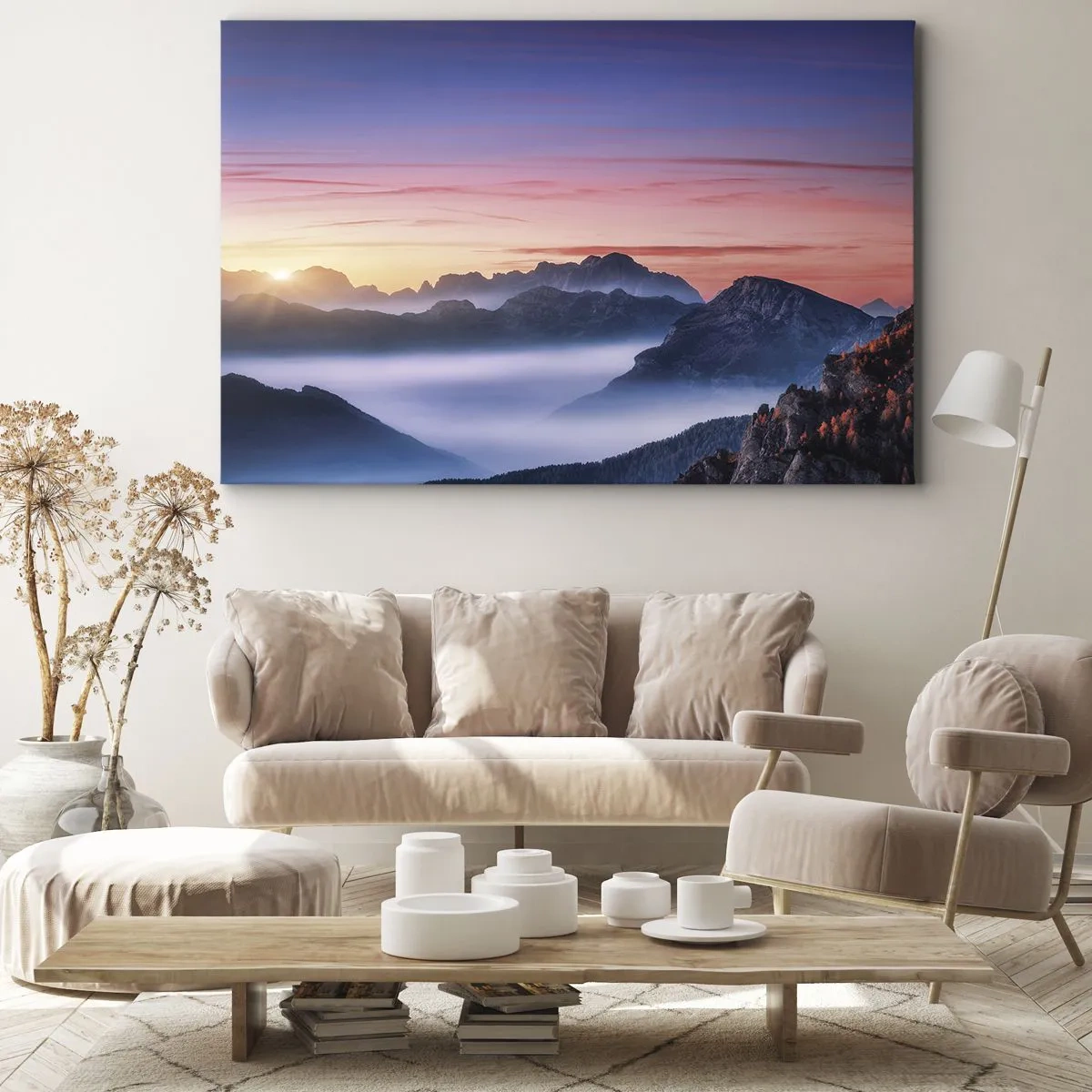 Cuadro sobre lienzo - Impresión de Imagen - Paisaje de montaña al amanecer con niebla en los valles. - 70x50cm - Sobre los valles - Decoración de pared moderna para salón y dormitorio ARTTOR