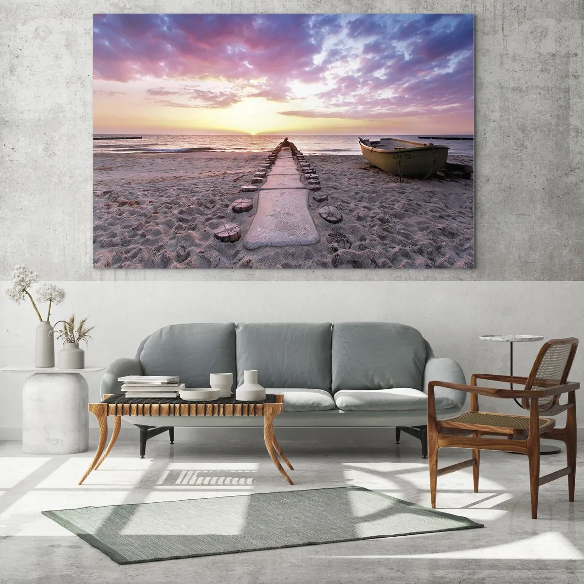 Cuadro sobre vidrio - Impresiones sobre Vidrio - Playa al atardecer con barco y muelle - 70x50cm - Un momento de profunda experiencia - Decoración de pared moderna para salón y dormitorio ARTTOR