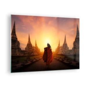 Cuadro sobre vidrio - Impresiones sobre Vidrio - Un monje con el sol poniente como telón de fondo y templos en Asia. - 70x50cm - En paz por la eternidad - Decoración de pared moderna para salón y dormitorio ARTTOR