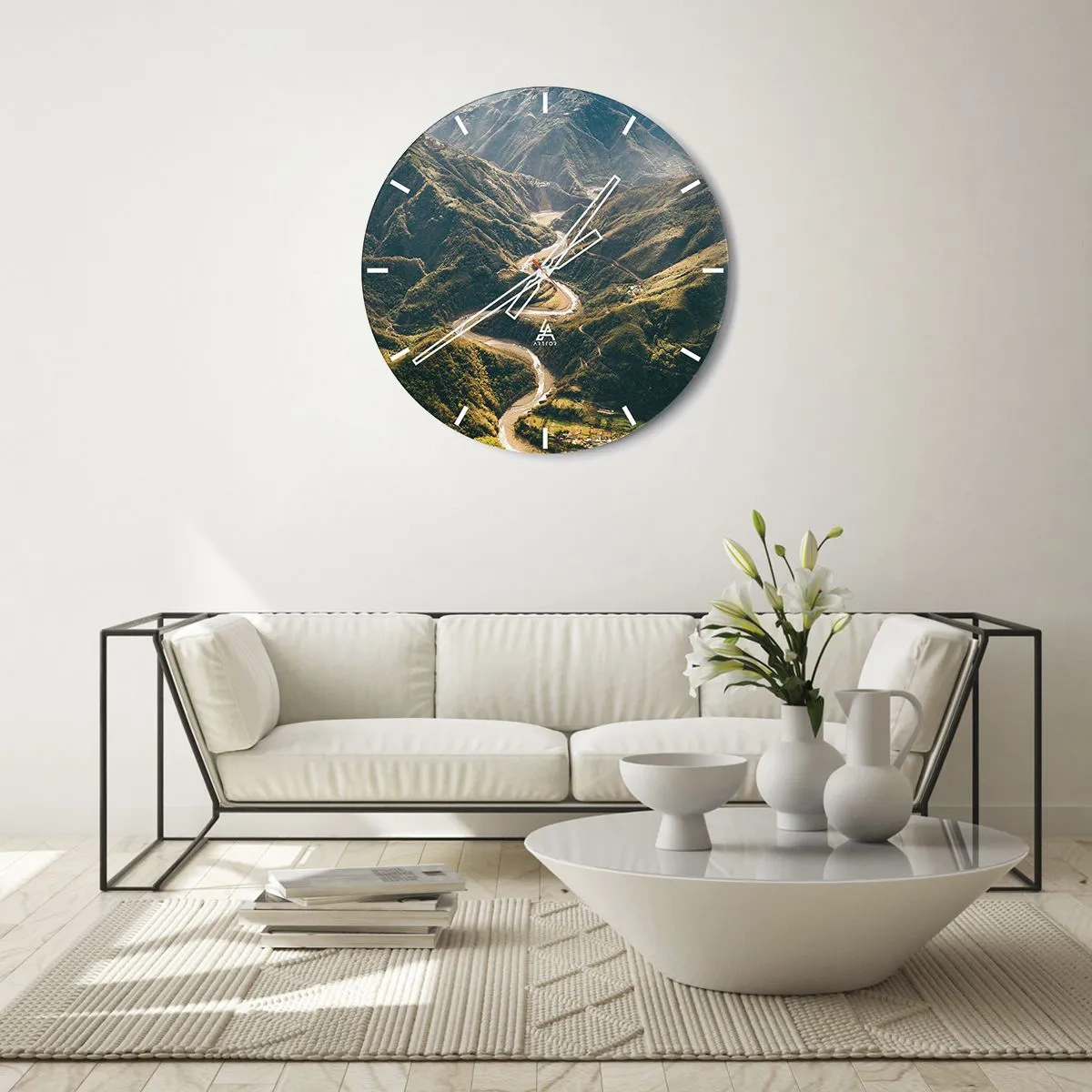 Reloj de pared - Reloj de vidrio - Vista aérea de un valle montañoso con un río sinuoso. - 30x30cm - Directamente desde el corazón de las montañas - Decoración de pared moderna para salón, cocina y dormitorio ARTTOR