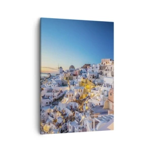 Cuadro sobre lienzo - Impresión de Imagen - Vista de una ciudad griega al atardecer - 50x70cm - La esencia de lo griego - Decoración de pared moderna para salón y dormitorio ARTTOR