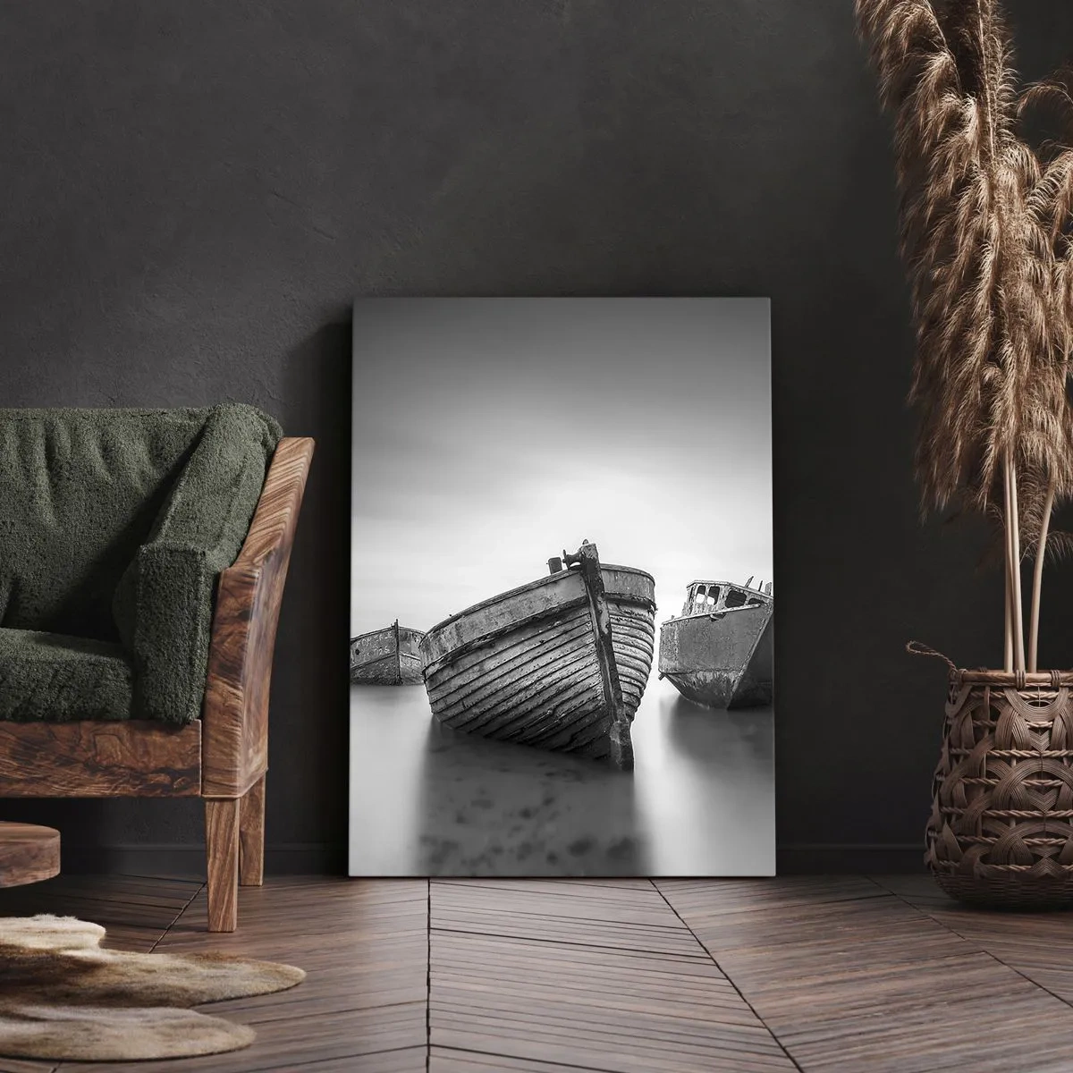 Cuadro sobre lienzo - Impresión de Imagen - Barcos abandonados en aguas tranquilas - 50x70cm - Ahora solo quedan los recuerdos... - Decoración de pared moderna para salón y dormitorio ARTTOR