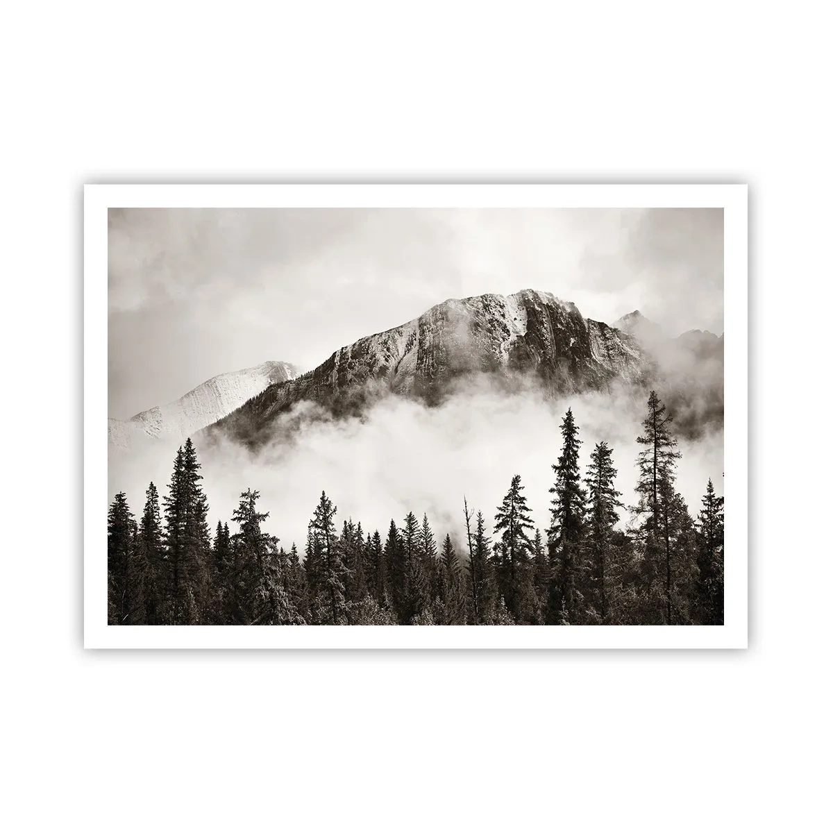 Póster - Un pintoresco pico de montaña rodeado de niebla y un bosque en tonos sepia. - 100x70cm - Gobernante de granito - Decoración de pared moderna para salón y dormitorio ARTTOR