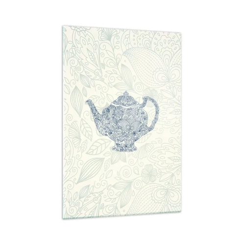 Cuadro sobre vidrio - Impresiones sobre Vidrio - Dibujo decorativo de una tetera con adornos azules. - 70x100cm - El encanto del té - Decoración de pared moderna para salón y dormitorio ARTTOR
