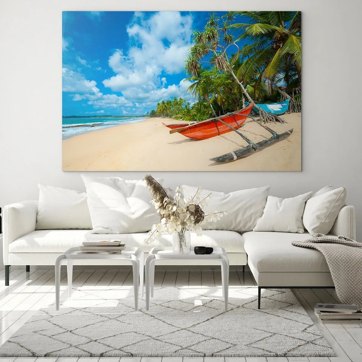 Cuadro sobre vidrio - Impresiones sobre Vidrio - Playa tropical con palmeras y barcos tradicionales. - 70x50cm - El encanto de los trópicos - Decoración de pared moderna para salón y dormitorio ARTTOR
