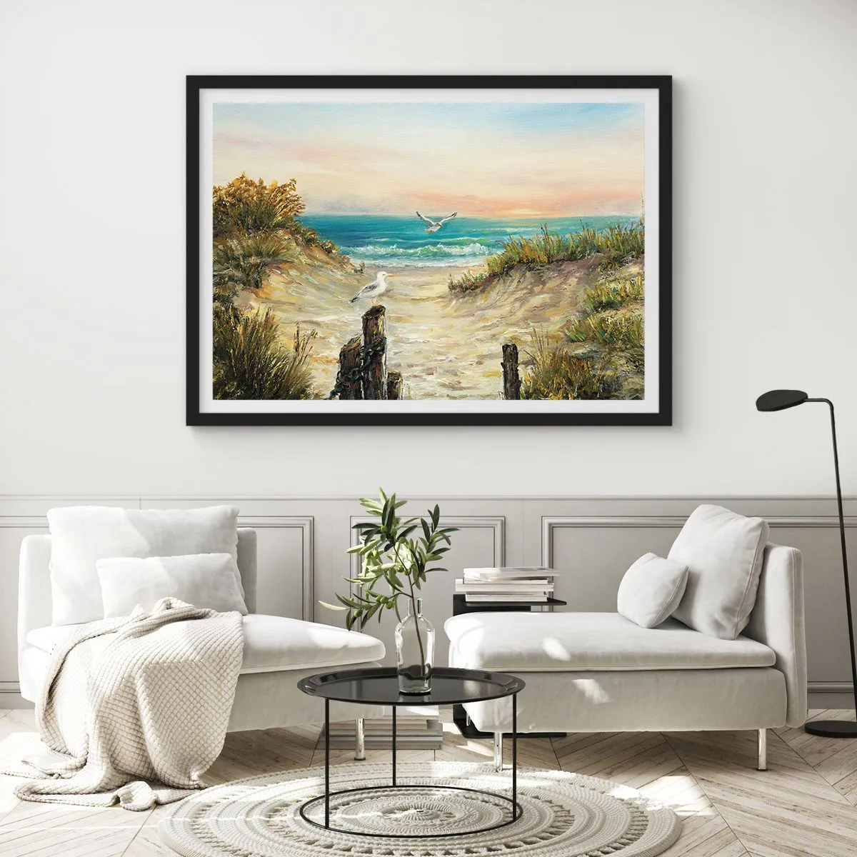 Póster en marco negro - Costa con gaviotas y dunas al atardecer - 70x50cm - Un retiro ventoso - Decoración de pared moderna para salón y dormitorio ARTTOR