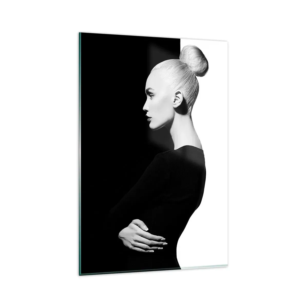 Cuadro sobre vidrio - Impresiones sobre Vidrio - Retrato elegante de una mujer sobre un fondo blanco y negro. - 80x120cm - Simplemente femenina - Decoración de pared moderna para salón y dormitorio ARTTOR