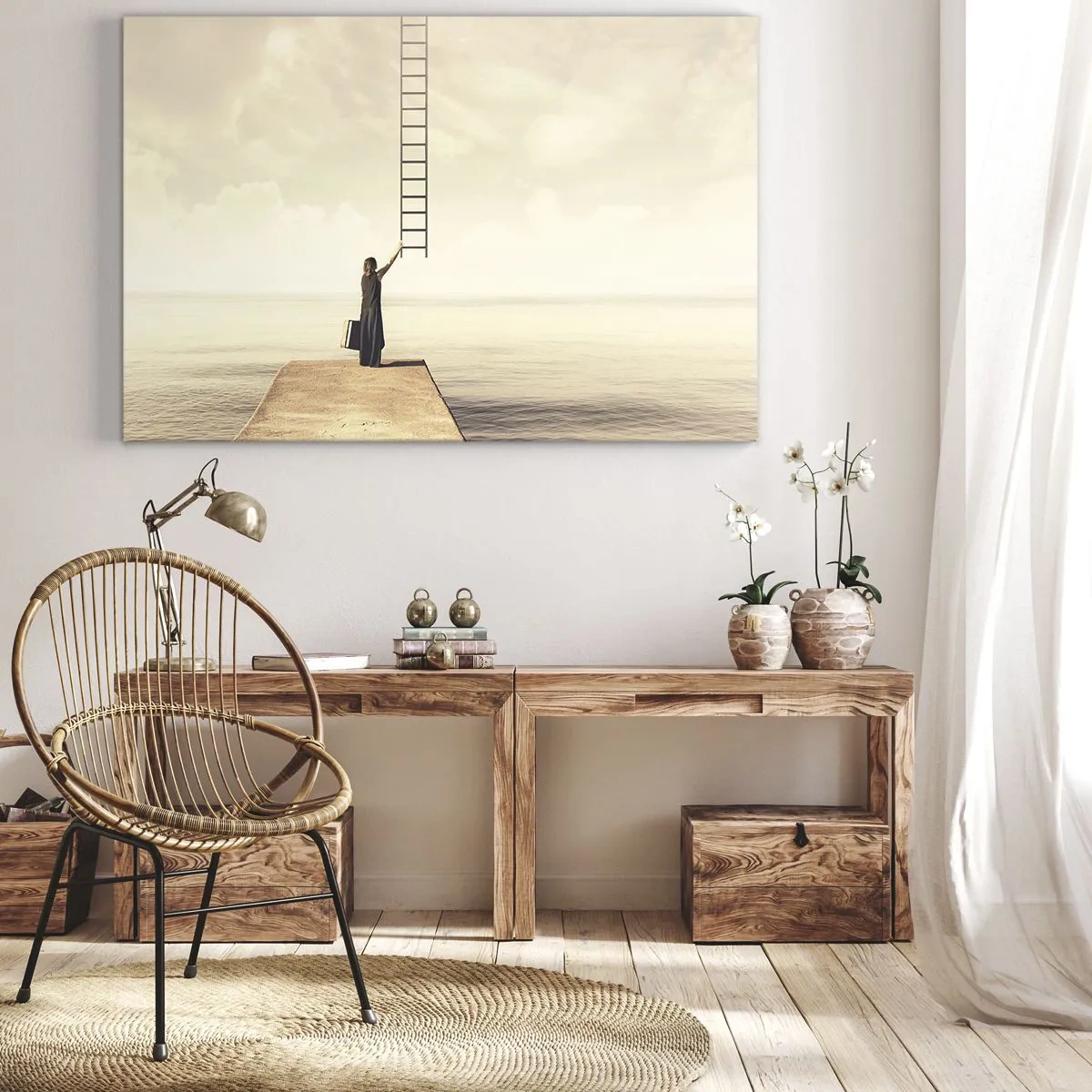 Cuadro sobre lienzo - Impresión de Imagen - Una mujer parada en un muelle con una escalera que conduce al cielo. - 70x50cm - Un viaje mágico - Decoración de pared moderna para salón y dormitorio ARTTOR