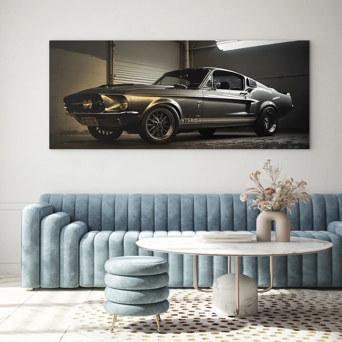 Cuadro sobre vidrio - Impresiones sobre Vidrio - Coche clásico en garaje retro - 120x50cm - Un retorno al pasado - Decoración de pared moderna para salón y dormitorio ARTTOR