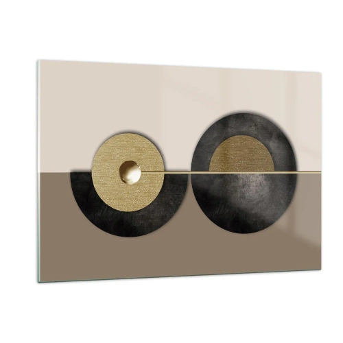 Cuadro sobre vidrio - Impresiones sobre Vidrio - Círculos geométricos en dorado y negro sobre fondo beige. - 120x80cm - Variaciones en torno a un círculo - Decoración de pared moderna para salón y dormitorio ARTTOR