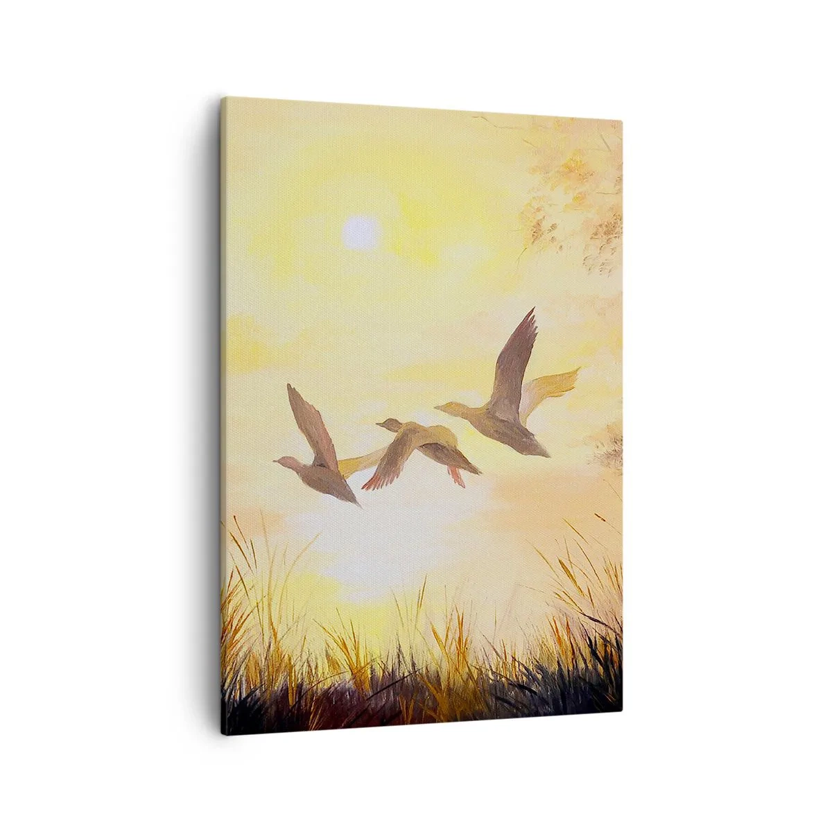 Cuadro sobre lienzo - Impresión de Imagen - Patos volando al amanecer sobre el lago - 50x70cm - El comienzo de un largo viaje - Decoración de pared moderna para salón y dormitorio ARTTOR