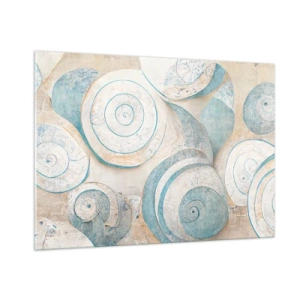 Cuadro sobre vidrio - Impresiones sobre Vidrio - Conchas en una paleta azul y beige sobre un fondo estructurado. - 100x70cm - ¿Qué esconden en su interior? - Decoración de pared moderna para salón y dormitorio ARTTOR