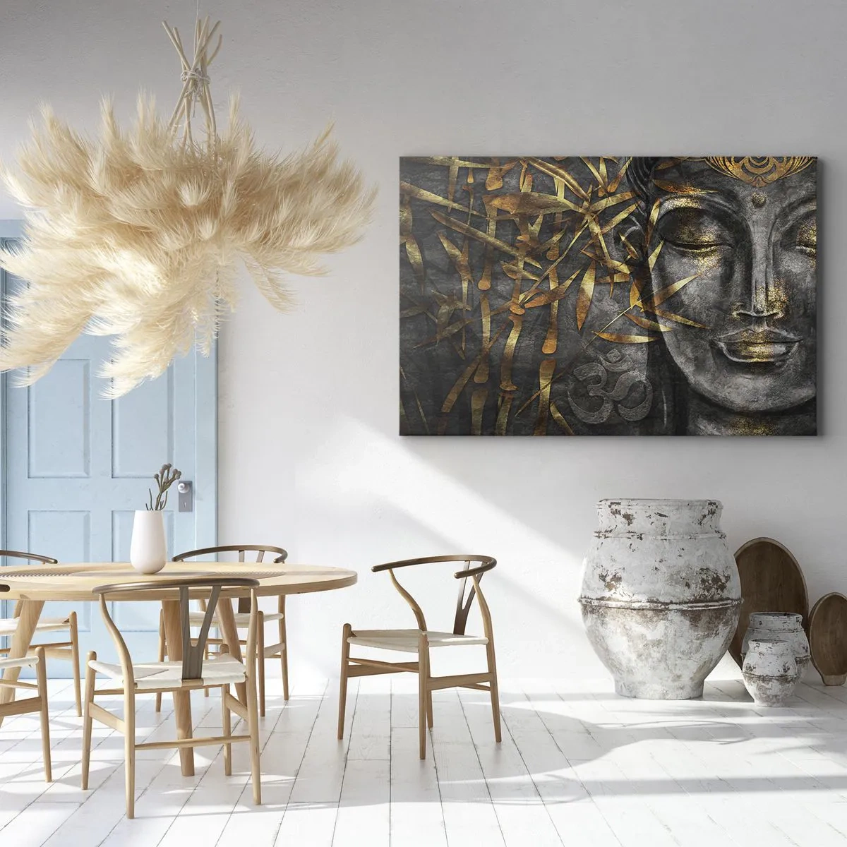 Cuadro sobre lienzo - Impresión de Imagen - Imagen de Buda zen con bambúes dorados - 120x80cm - Siente la paz - Decoración de pared moderna para salón y dormitorio ARTTOR