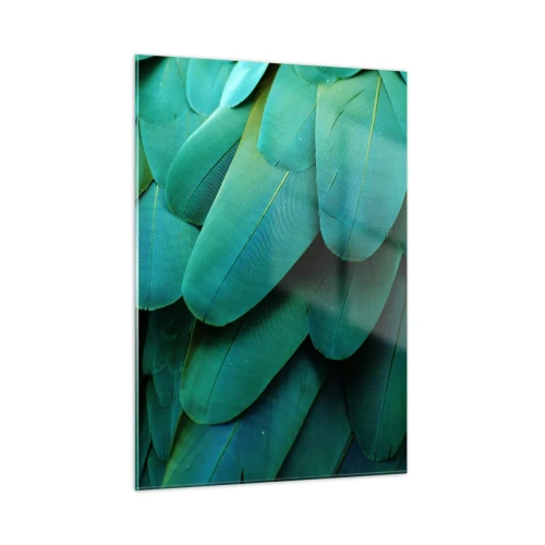 Cuadro sobre vidrio - Impresiones sobre Vidrio - Un primer plano de las plumas intensamente verdes de un loro. - 50x70cm - La precisión de la naturaleza - Decoración de pared moderna para salón y dormitorio ARTTOR