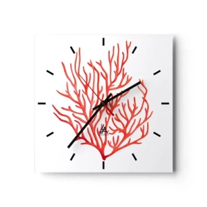 Reloj de pared - Reloj de vidrio - Coral rojo sobre fondo blanco en estilo minimalista. - 30x30cm - Filigrana de coral - Decoración de pared moderna para salón y dormitorio ARTTOR